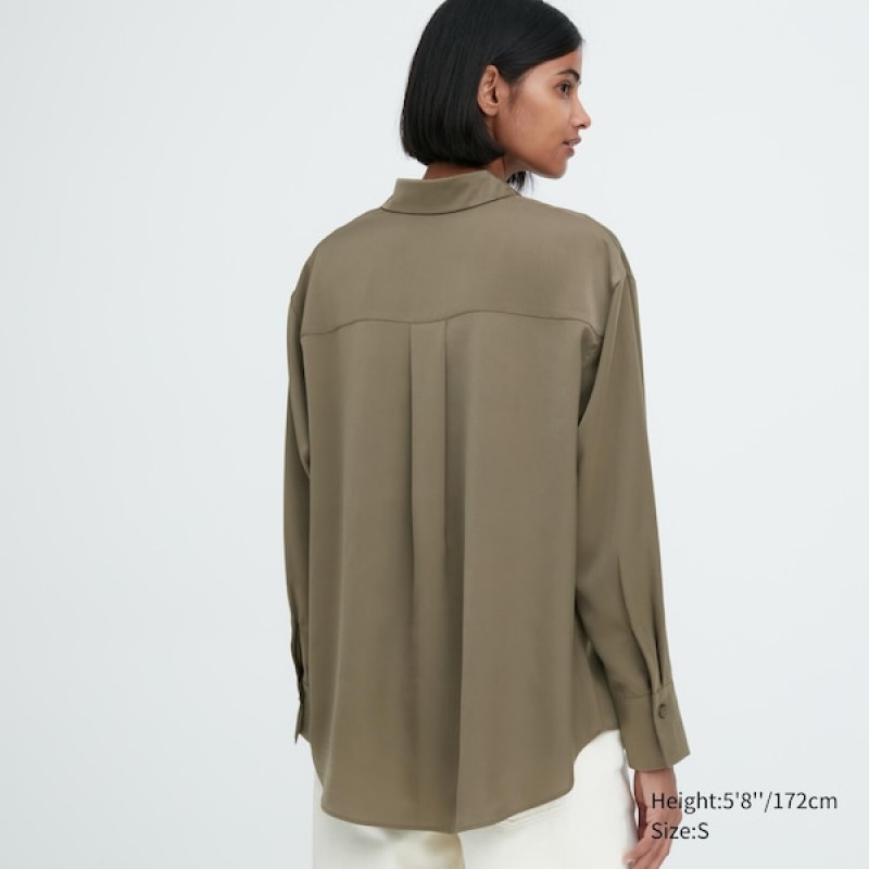 Uniqlo Satin Long-Sleeve Ženske Košulje Maslinasto Zelene | 0926-XUGEO