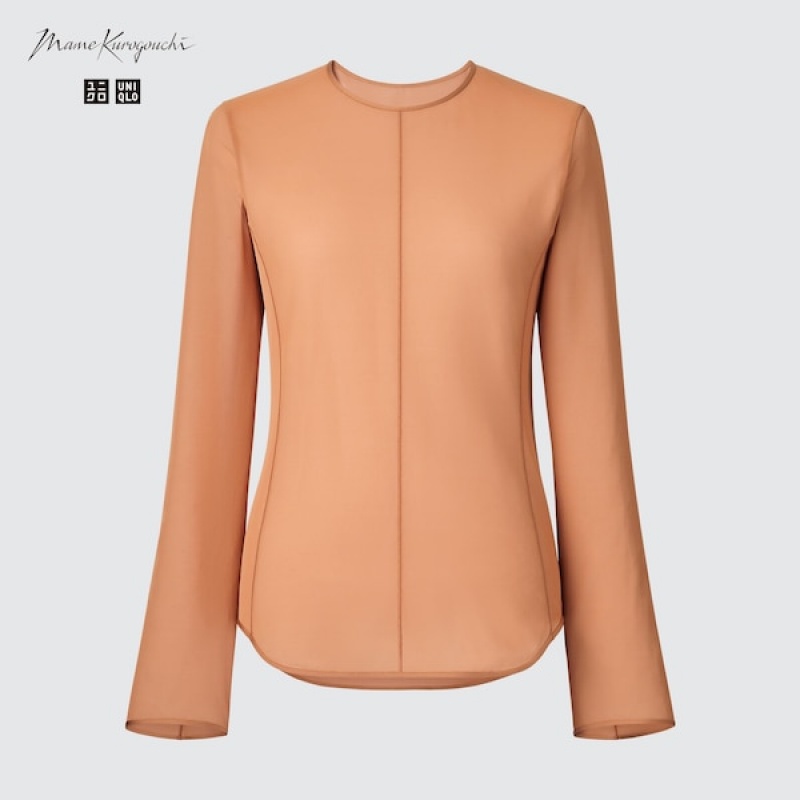 Uniqlo Sheer Crew Neck Long-Sleeve Ženske Majice Smeđe | 1375-GZDBO