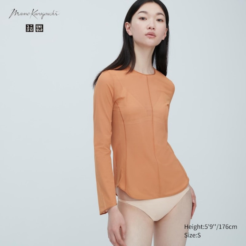 Uniqlo Sheer Crew Neck Long-Sleeve Ženske Majice Smeđe | 1375-GZDBO