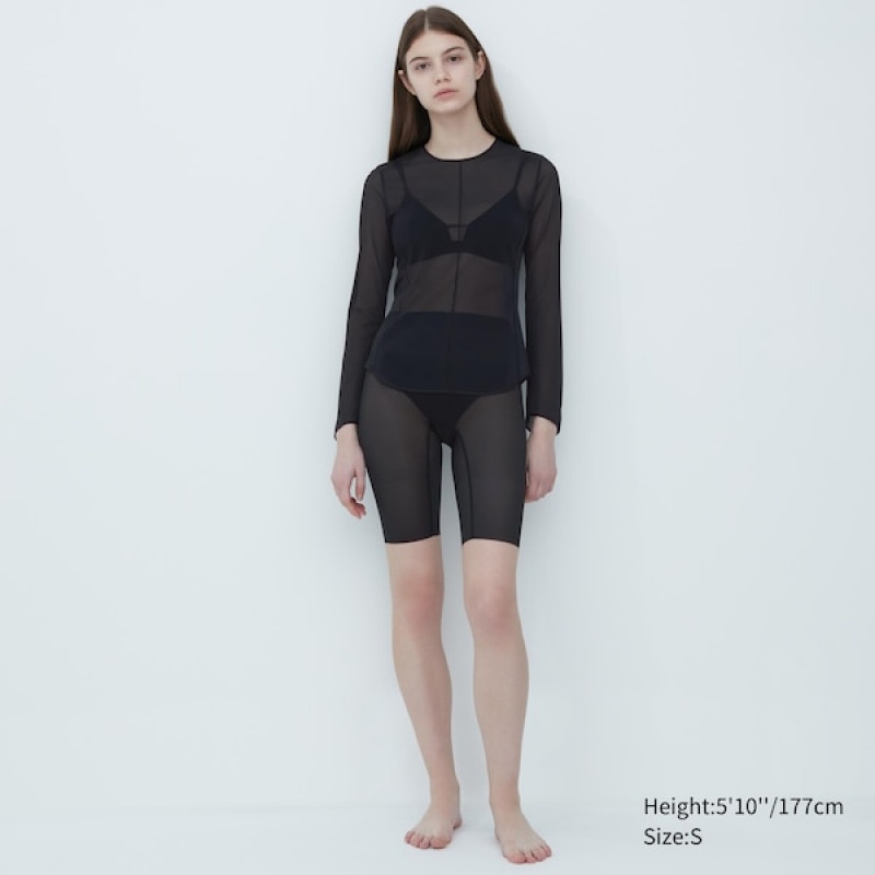 Uniqlo Sheer Crew Neck Long-Sleeve Ženske Majice Crne | 8167-TNZMU