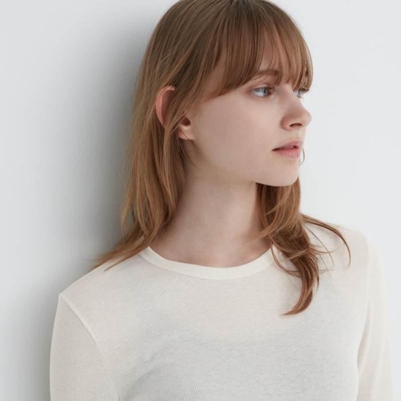 Uniqlo Sheer Jersey Crew Neck Long-Sleeve Ženske Majice Bijele | 3105-WGAFJ