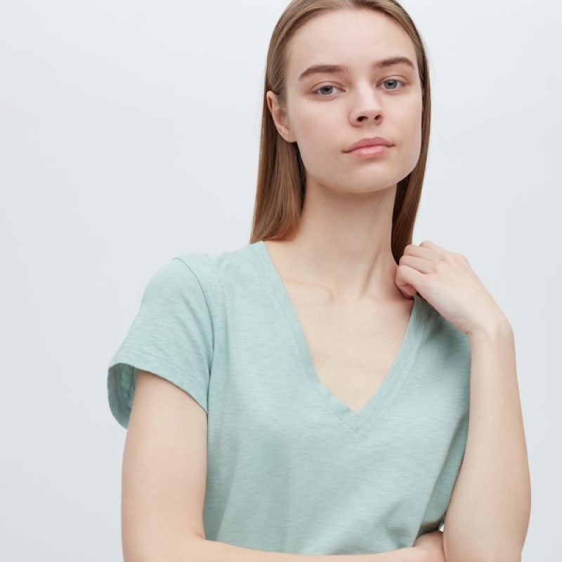 Uniqlo Slub Jersey V-Neck Short-Sleeve Ženske Majice Tirkizne | 0893-HZXCP