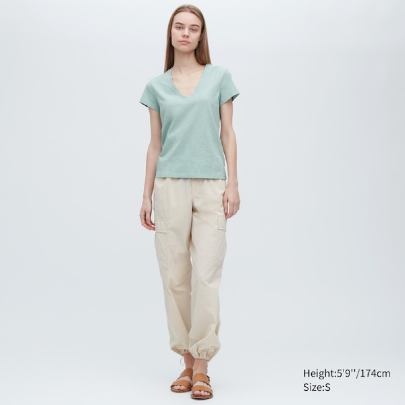 Uniqlo Slub Jersey V-Neck Short-Sleeve Ženske Majice Tirkizne | 0893-HZXCP