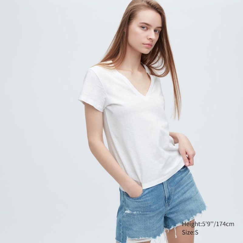 Uniqlo Slub Jersey V-Neck Short-Sleeve Ženske Majice Bijele | 7693-SQDVL