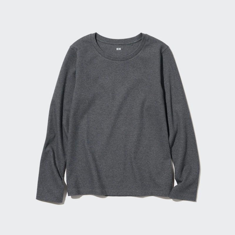 Uniqlo Smooth Stretch Cotton Crew Neck Long-Sleeve Ženske Majice Tamno Sive | 4615-YUTNF