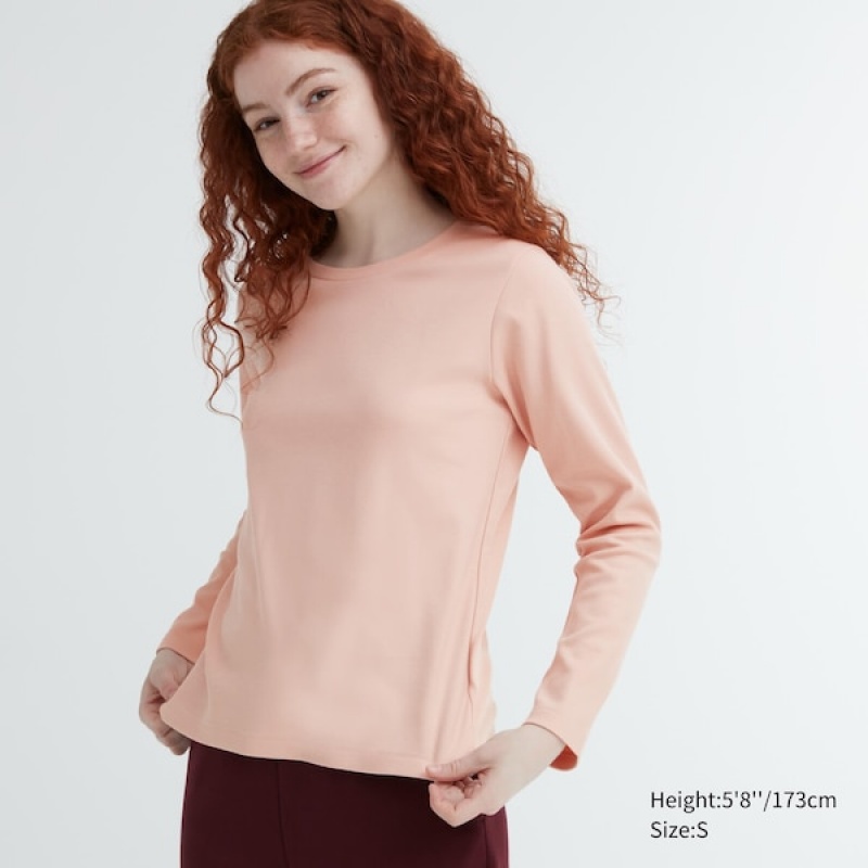 Uniqlo Smooth Stretch Cotton Crew Neck Long-Sleeve Ženske Majice Roze | 0735-RTUXE