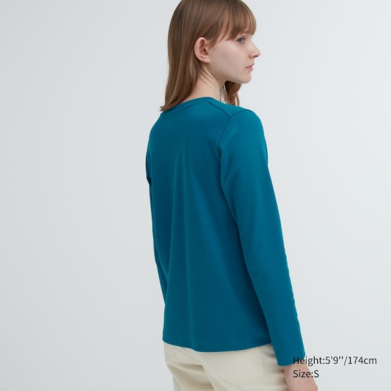 Uniqlo Smooth Stretch Cotton Crew Neck Long-Sleeve Ženske Majice Plave | 2389-OCELZ