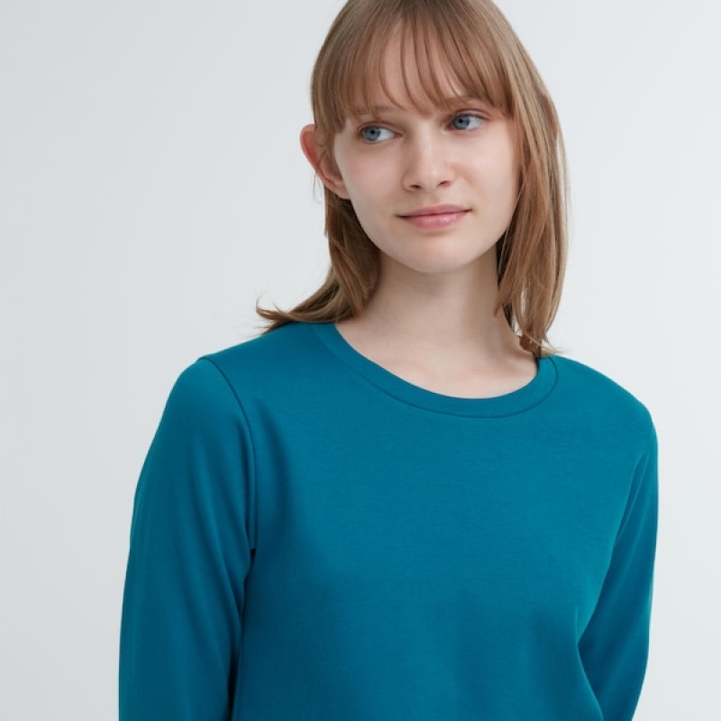 Uniqlo Smooth Stretch Cotton Crew Neck Long-Sleeve Ženske Majice Plave | 2389-OCELZ