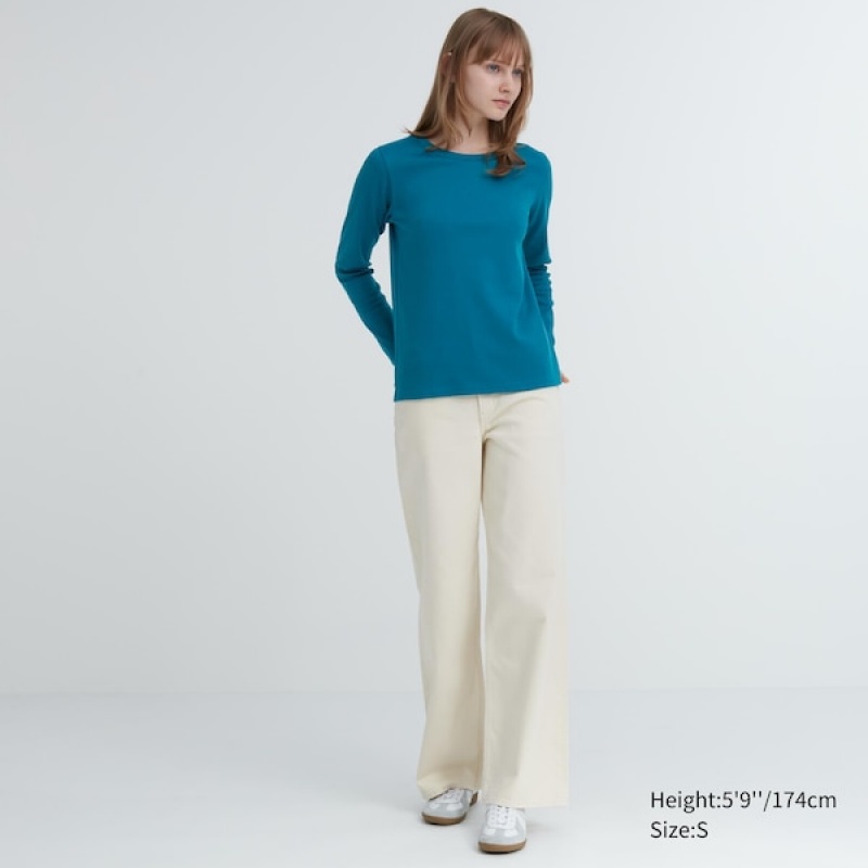 Uniqlo Smooth Stretch Cotton Crew Neck Long-Sleeve Ženske Majice Plave | 2389-OCELZ
