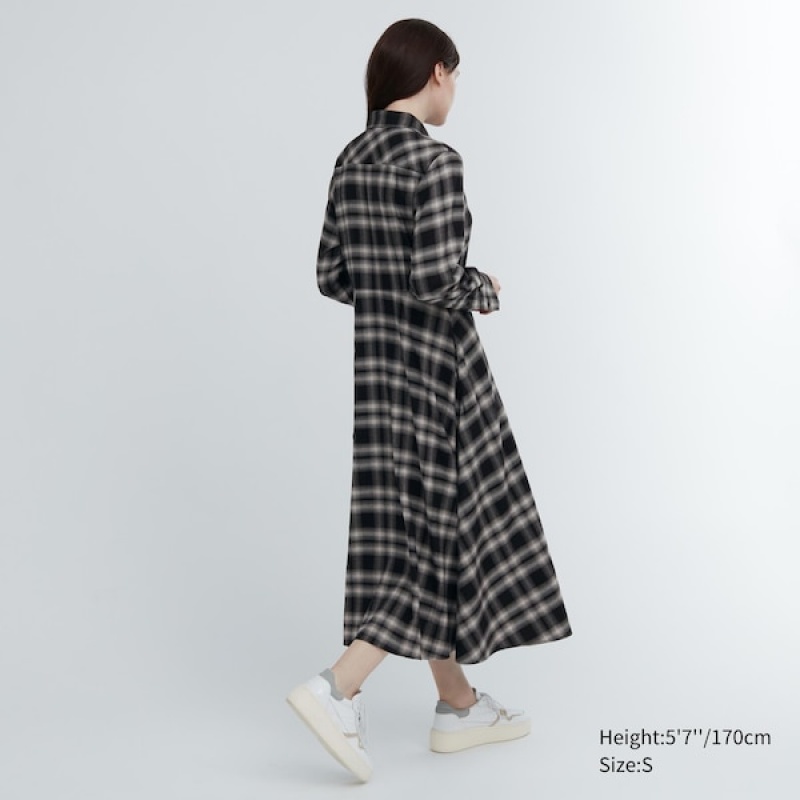 Uniqlo Soft Brushed Checked Long-Sleeve Shirt Ženske Haljina Crne | 5697-JRBAQ