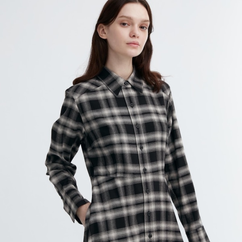 Uniqlo Soft Brushed Checked Long-Sleeve Shirt Ženske Haljina Crne | 5697-JRBAQ