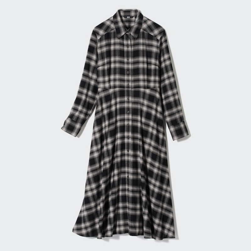 Uniqlo Soft Brushed Checked Long-Sleeve Shirt Ženske Haljina Crne | 5697-JRBAQ
