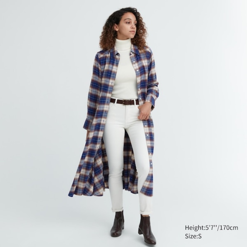 Uniqlo Soft Brushed Checked Long-Sleeve Shirt Ženske Haljina Plave | 4197-DRAFK