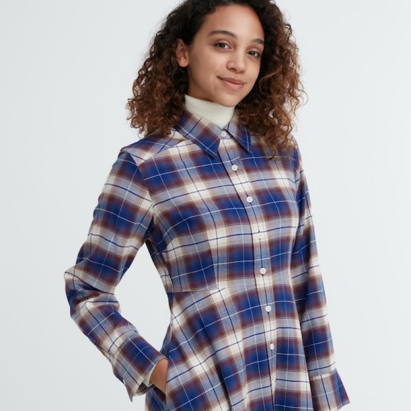Uniqlo Soft Brushed Checked Long-Sleeve Shirt Ženske Haljina Plave | 4197-DRAFK