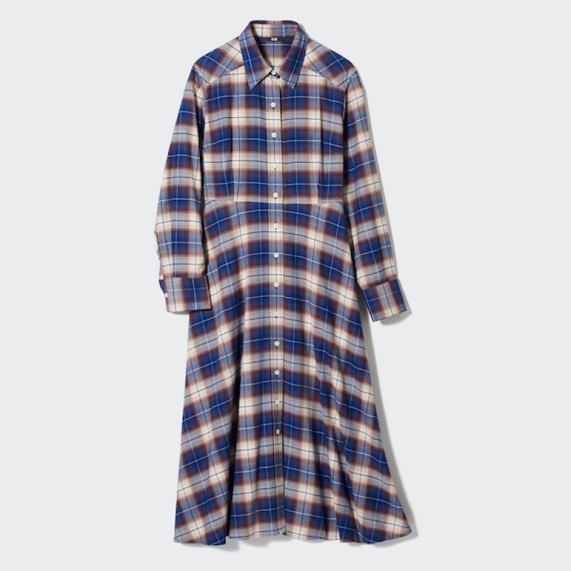 Uniqlo Soft Brushed Checked Long-Sleeve Shirt Ženske Haljina Plave | 4197-DRAFK
