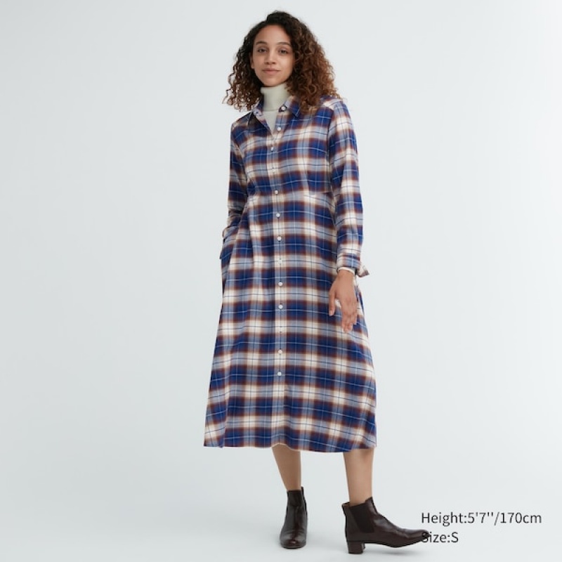 Uniqlo Soft Brushed Checked Long-Sleeve Shirt Ženske Haljina Plave | 4197-DRAFK