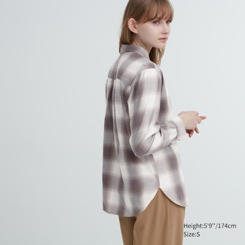 Uniqlo Soft Brushed Checked Long-Sleeve Ženske Košulje Sive | 1843-EVLIG