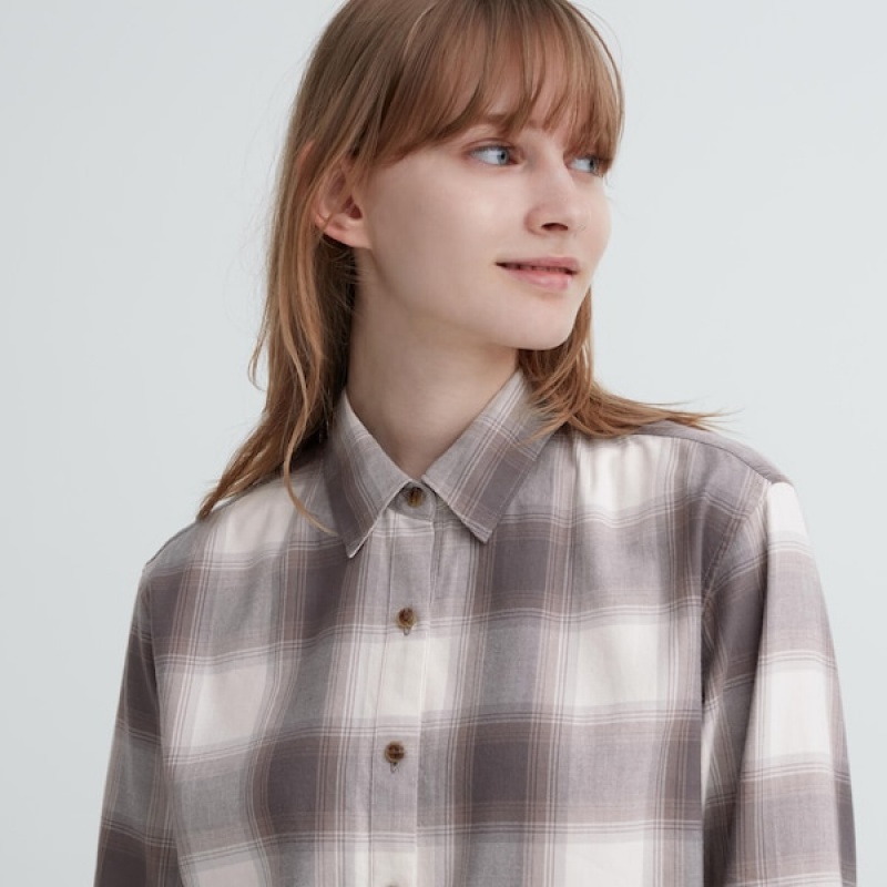 Uniqlo Soft Brushed Checked Long-Sleeve Ženske Košulje Sive | 1843-EVLIG