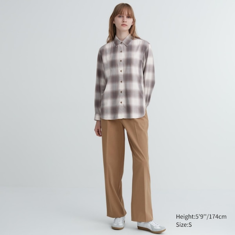 Uniqlo Soft Brushed Checked Long-Sleeve Ženske Košulje Sive | 1843-EVLIG