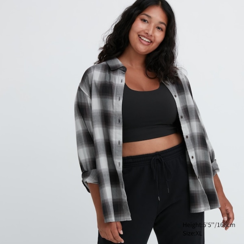 Uniqlo Soft Brushed Checked Long-Sleeve Ženske Košulje Tamno Sive | 4897-ZVNGM