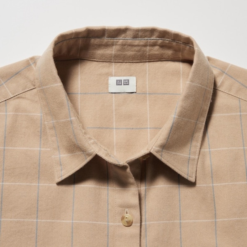 Uniqlo Soft Brushed Checked Long-Sleeve Ženske Košulje Bež | 0632-AZJBF