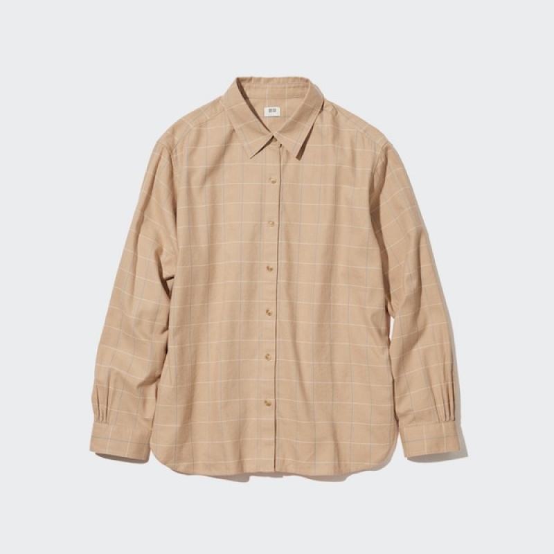 Uniqlo Soft Brushed Checked Long-Sleeve Ženske Košulje Bež | 0632-AZJBF