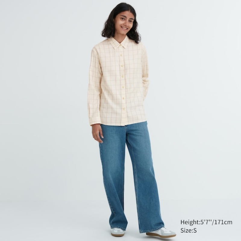 Uniqlo Soft Brushed Checked Long-Sleeve Ženske Košulje Bijele | 1563-MOVXE