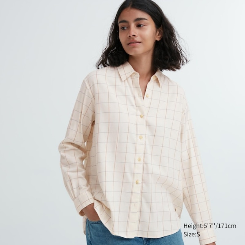 Uniqlo Soft Brushed Checked Long-Sleeve Ženske Košulje Bijele | 1563-MOVXE