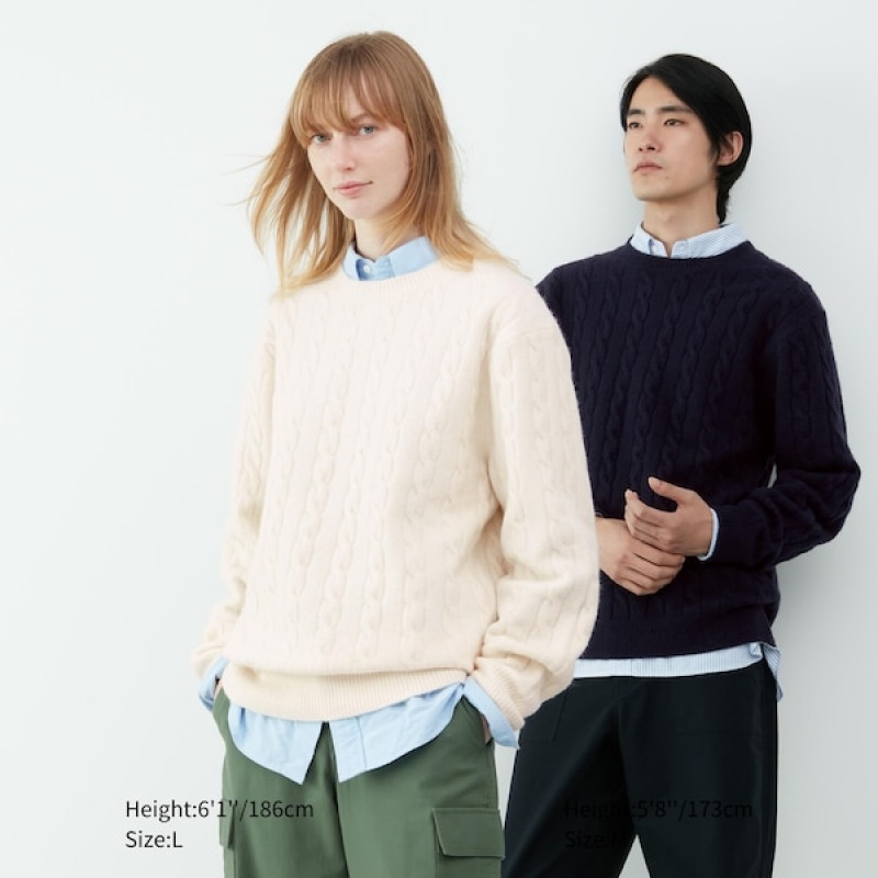 Uniqlo Souffle Yarn Cable Crew Neck Muške Džemperi Bijele | 5831-LBJPD