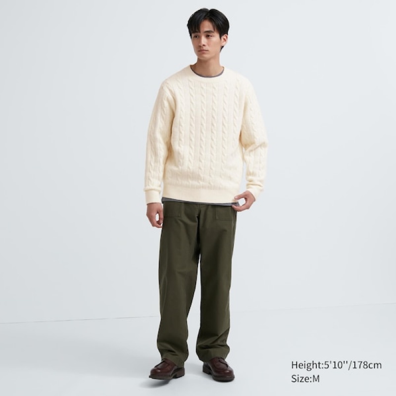 Uniqlo Souffle Yarn Cable Crew Neck Muške Džemperi Bijele | 5831-LBJPD