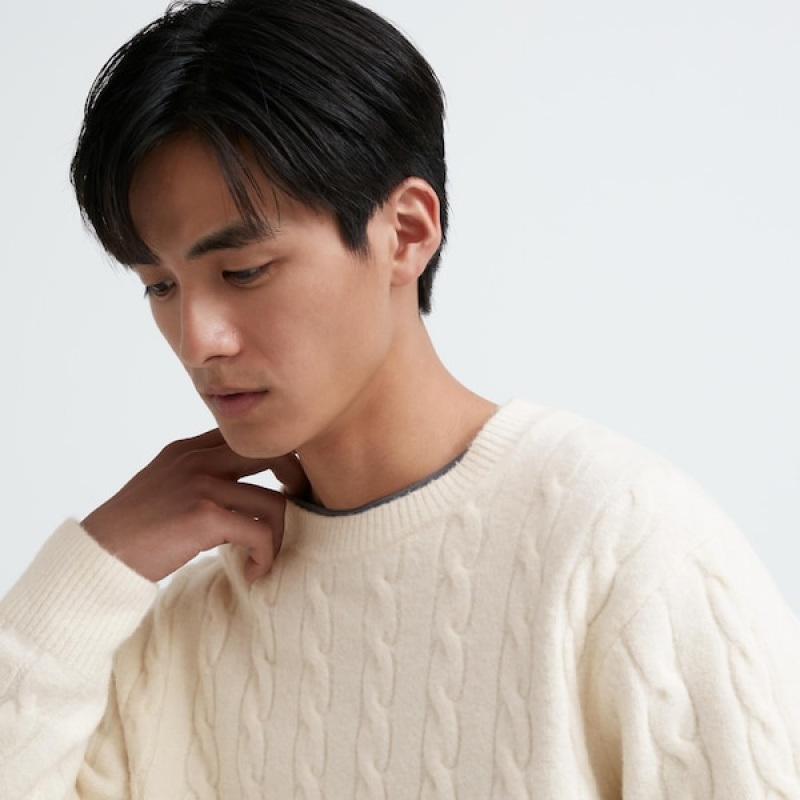 Uniqlo Souffle Yarn Cable Crew Neck Muške Džemperi Bijele | 5831-LBJPD