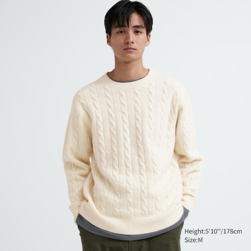 Uniqlo Souffle Yarn Cable Crew Neck Muške Džemperi Bijele | 5831-LBJPD