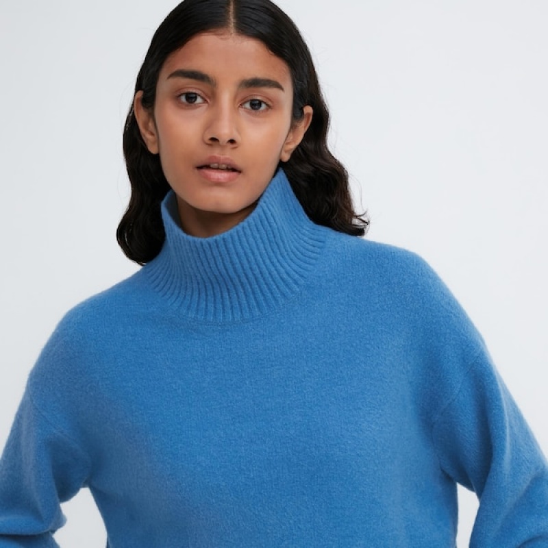 Uniqlo Souffle Yarn High Neck Long-Sleeve Ženske Džemperi Plave | 0784-JTSRM