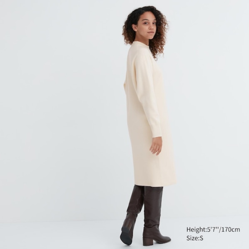 Uniqlo Souffle Yarn Long-Sleeve Ženske Haljina Bijele | 4031-ZRNUY