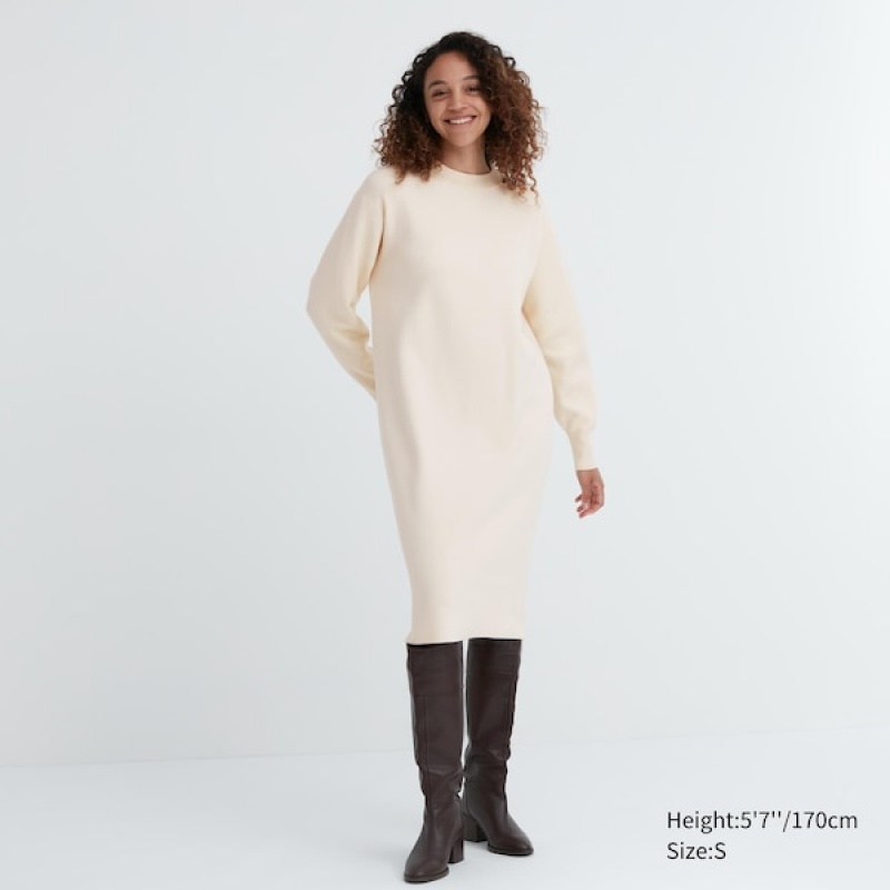 Uniqlo Souffle Yarn Long-Sleeve Ženske Haljina Bijele | 4031-ZRNUY