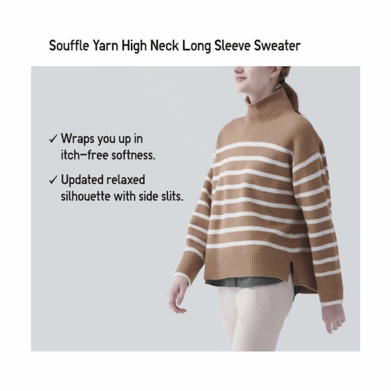 Uniqlo Souffle Yarn Prugasta High Neck Long-Sleeve Ženske Džemperi Bež | 0482-GASLN