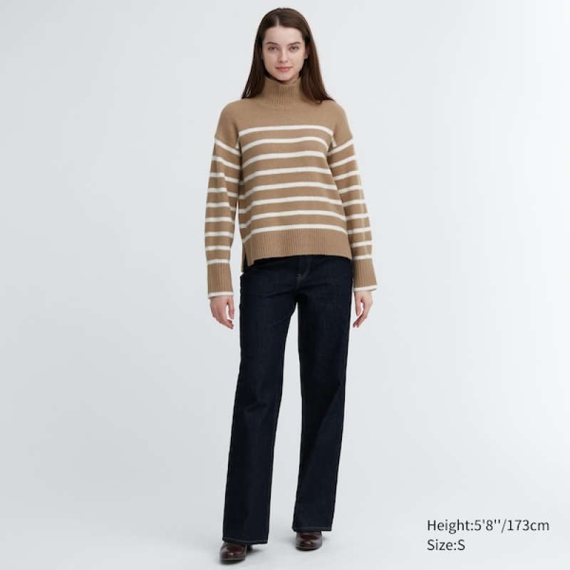 Uniqlo Souffle Yarn Prugasta High Neck Long-Sleeve Ženske Džemperi Bež | 0482-GASLN