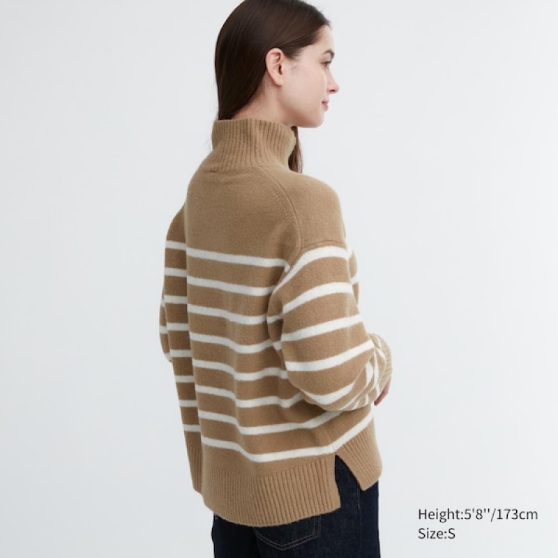 Uniqlo Souffle Yarn Prugasta High Neck Long-Sleeve Ženske Džemperi Bež | 0482-GASLN
