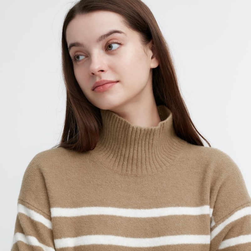 Uniqlo Souffle Yarn Prugasta High Neck Long-Sleeve Ženske Džemperi Bež | 0482-GASLN