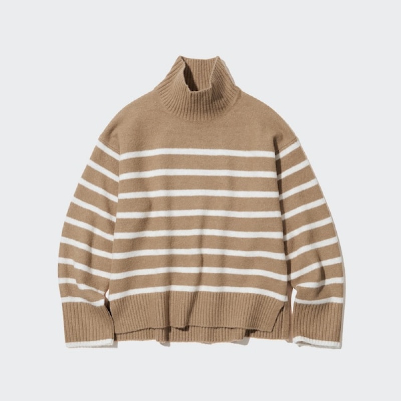 Uniqlo Souffle Yarn Prugasta High Neck Long-Sleeve Ženske Džemperi Bež | 0482-GASLN