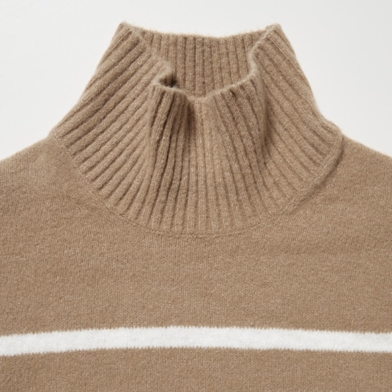 Uniqlo Souffle Yarn Prugasta High Neck Long-Sleeve Ženske Džemperi Bež | 0482-GASLN