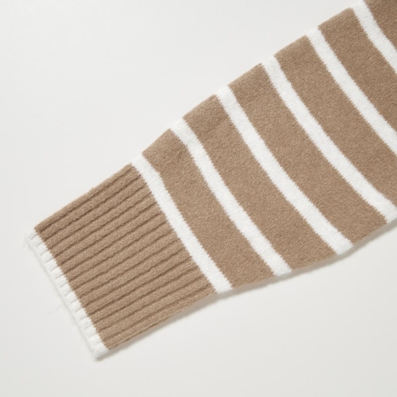 Uniqlo Souffle Yarn Prugasta High Neck Long-Sleeve Ženske Džemperi Bež | 0482-GASLN