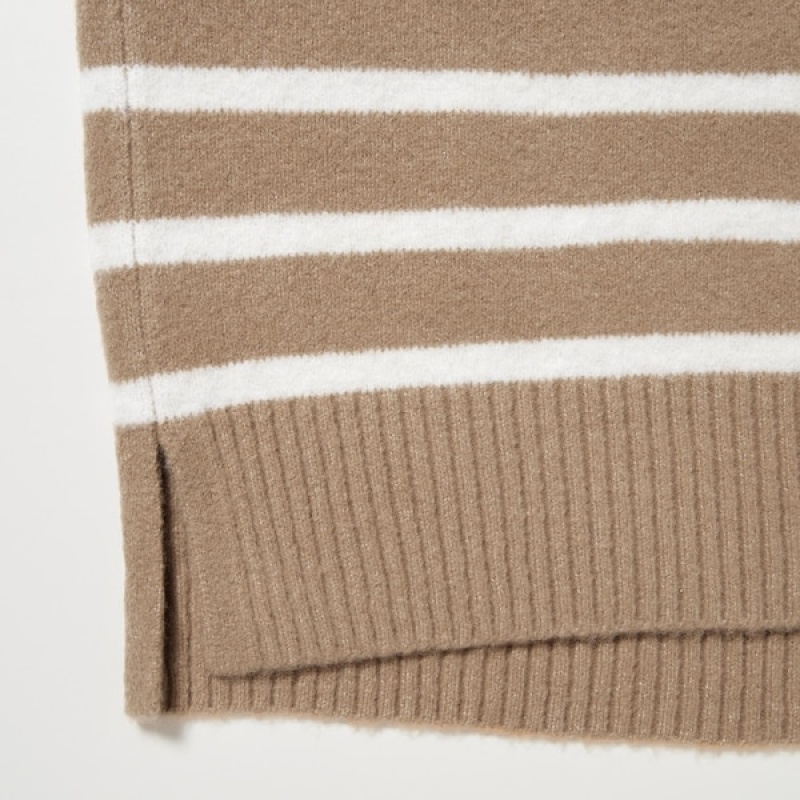 Uniqlo Souffle Yarn Prugasta High Neck Long-Sleeve Ženske Džemperi Bež | 0482-GASLN