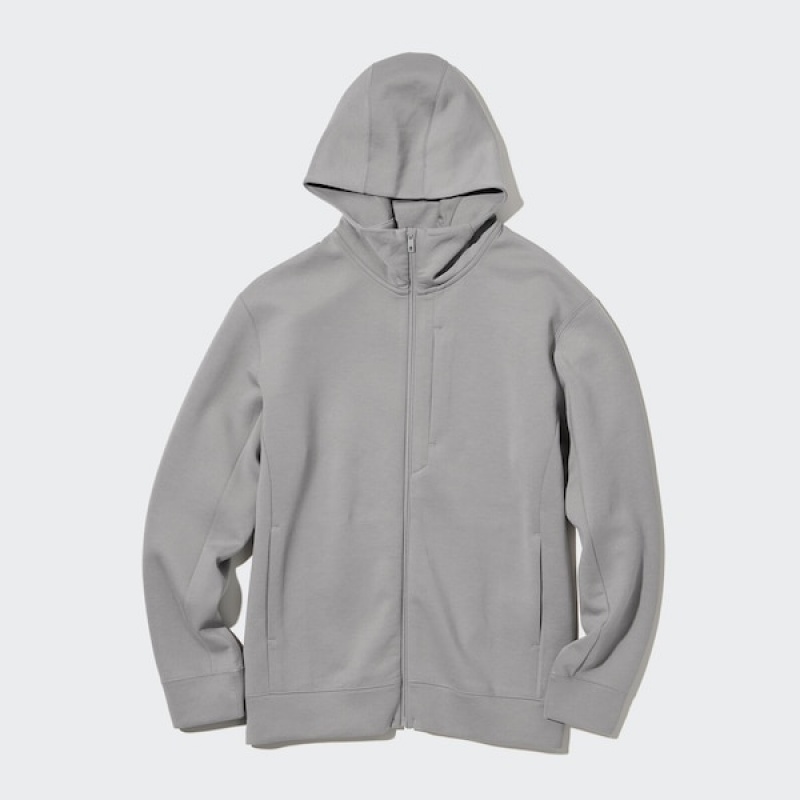 Uniqlo Stretch Dry Sweat Long-Sleeve Full-Zip Muške Majica s Kapuljačom Sive | 0758-TGUYE