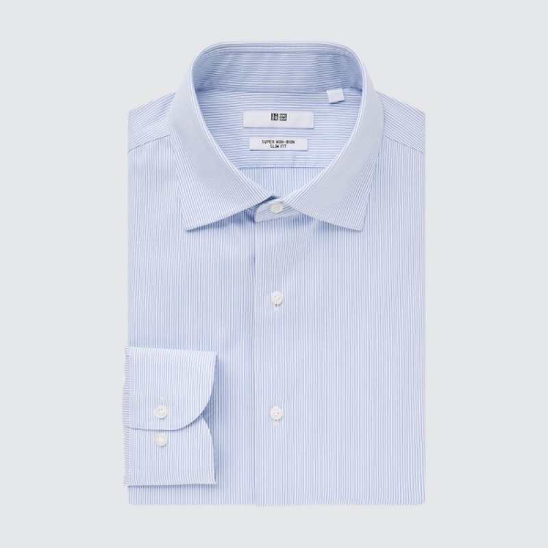 Uniqlo Super Non-Iron Prugasta Slim-Fit Long-Sleeve Muške Košulje Plave | 7103-XWUMG