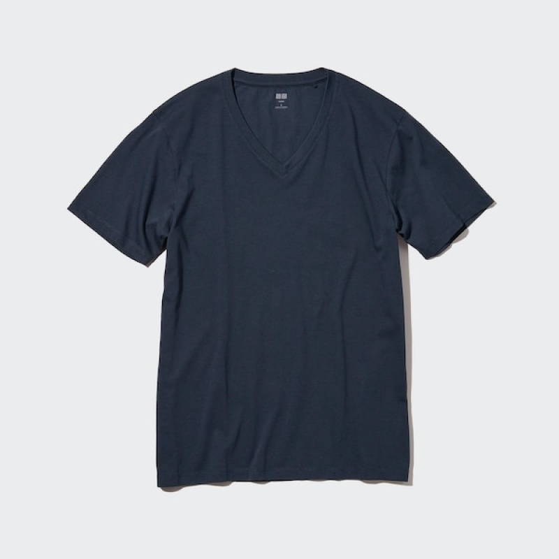 Uniqlo Supima® Cotton V-Neck Short-Sleeve Muške Majice Tamnoplave | 8593-DXQAK