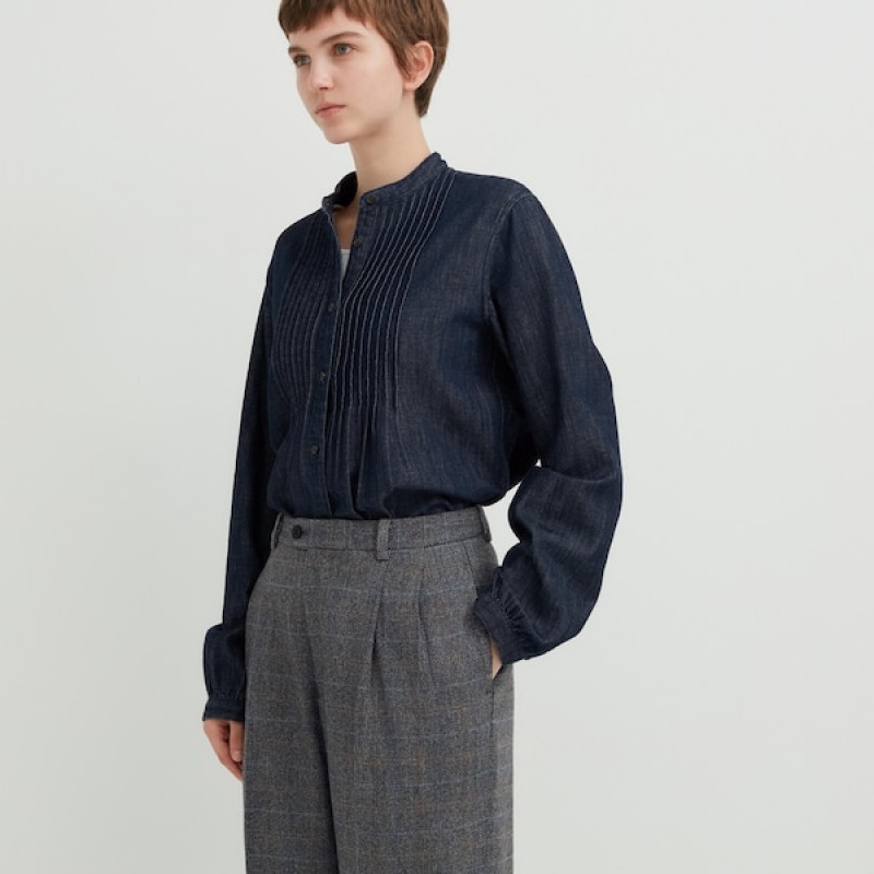 Uniqlo Tweed Wide-Fit Plisirana Ženske Hlače Tamno Sive | 1904-UXIFO