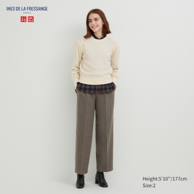 Uniqlo Tweed Wide-Fit Plisirana Ženske Hlače Smeđe | 6802-HQBIC