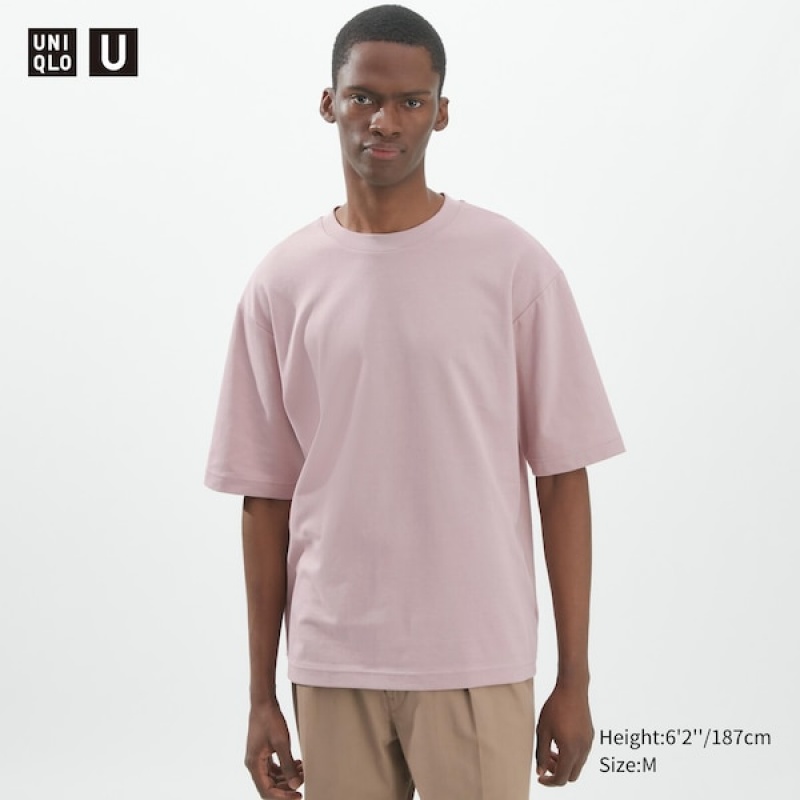 Uniqlo U AIRism Cotton Oversized Crew Neck Half-Sleeve Muške Majice Roze | 9746-RVIBX