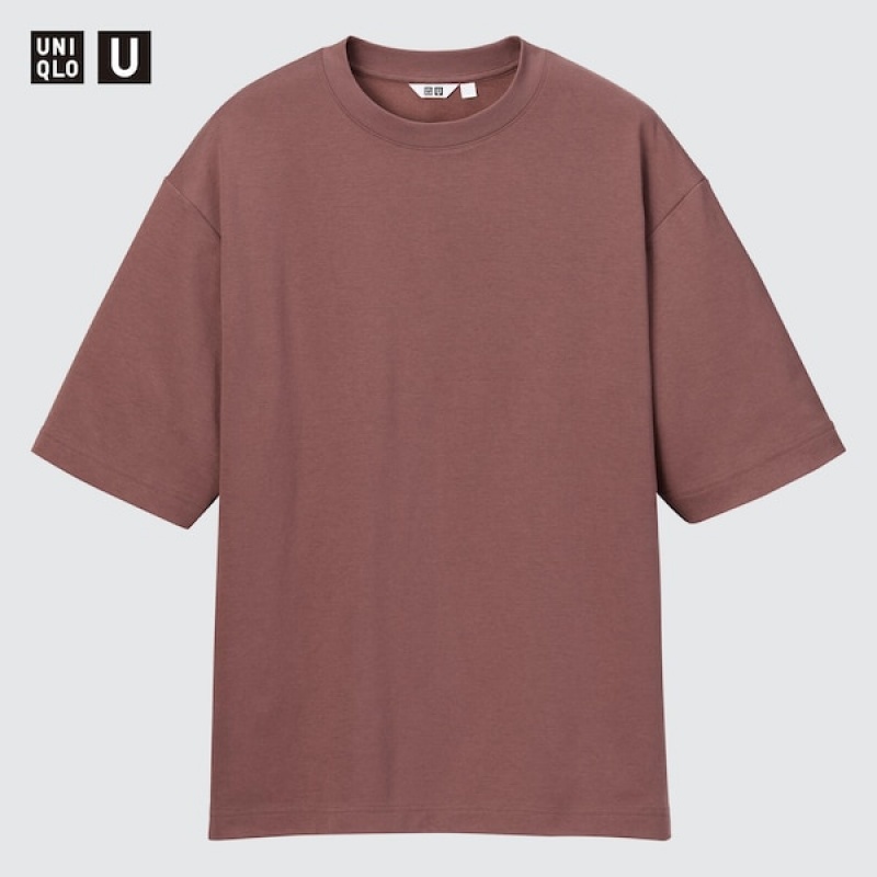 Uniqlo U AIRism Cotton Oversized Crew Neck Half-Sleeve Ženske Majice Smeđe | 3721-BATKY